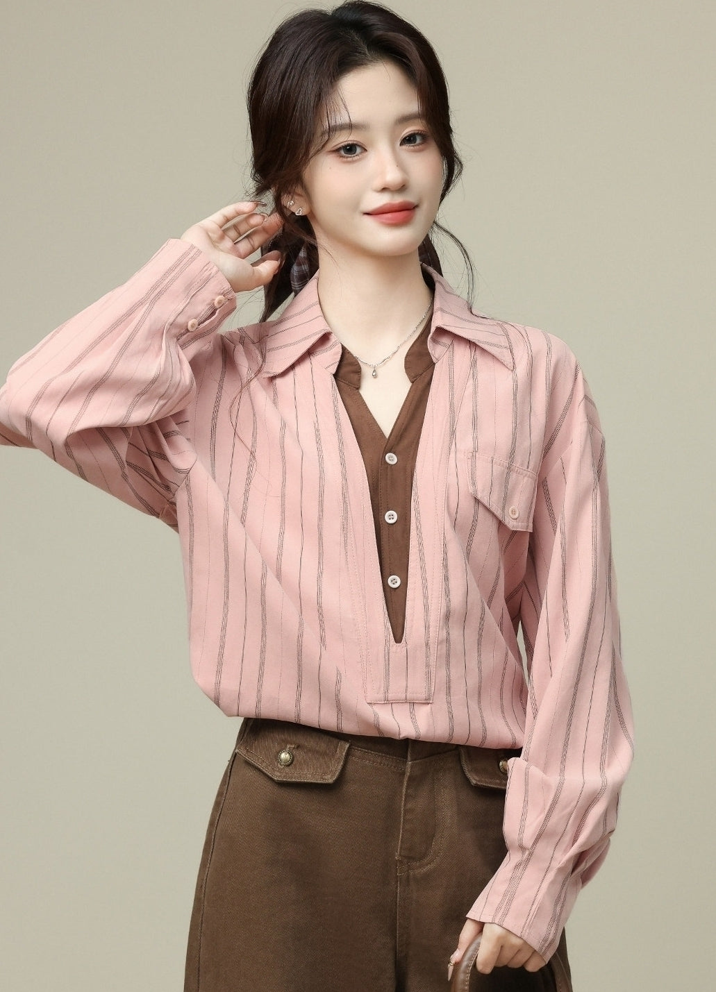 Pink Striped Collar Long Sleeve Layered V Neck Shirt
