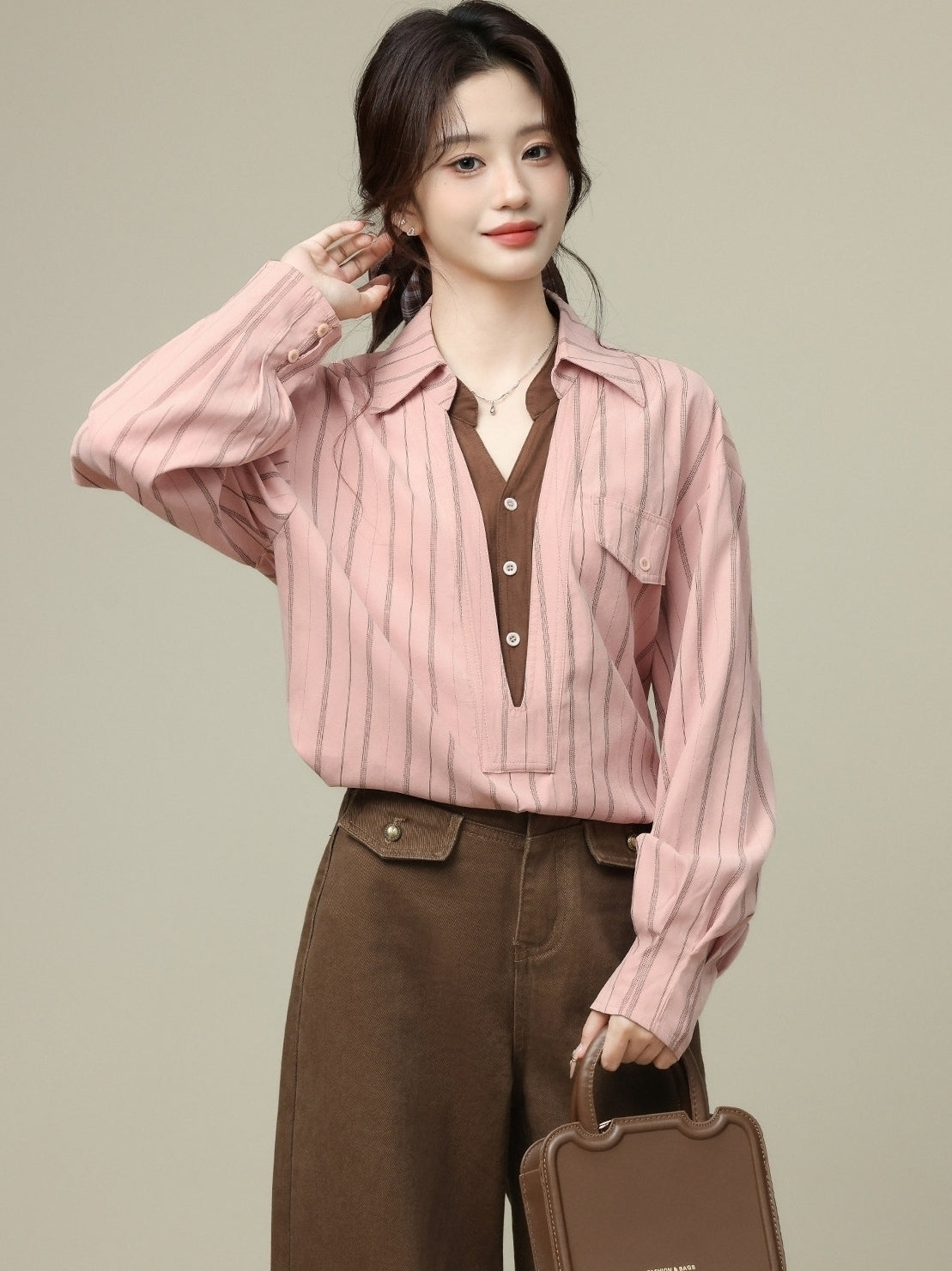 Pink Striped Collar Long Sleeve Layered V Neck Shirt