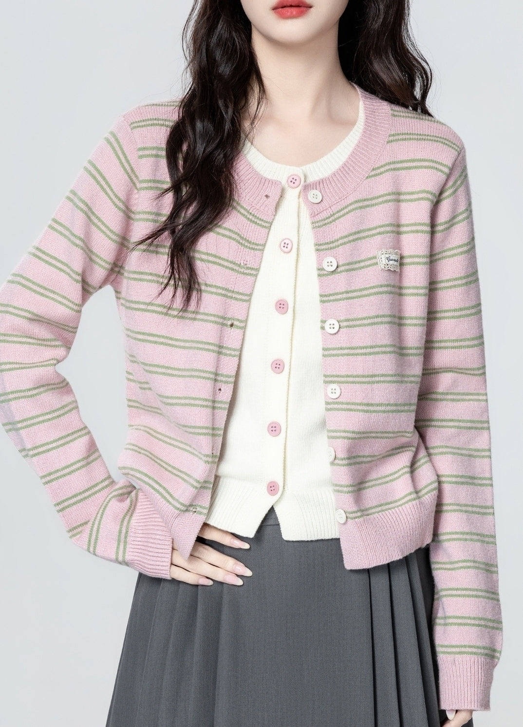 Pink Striped Knit Cardigan Contrast Short Sweater