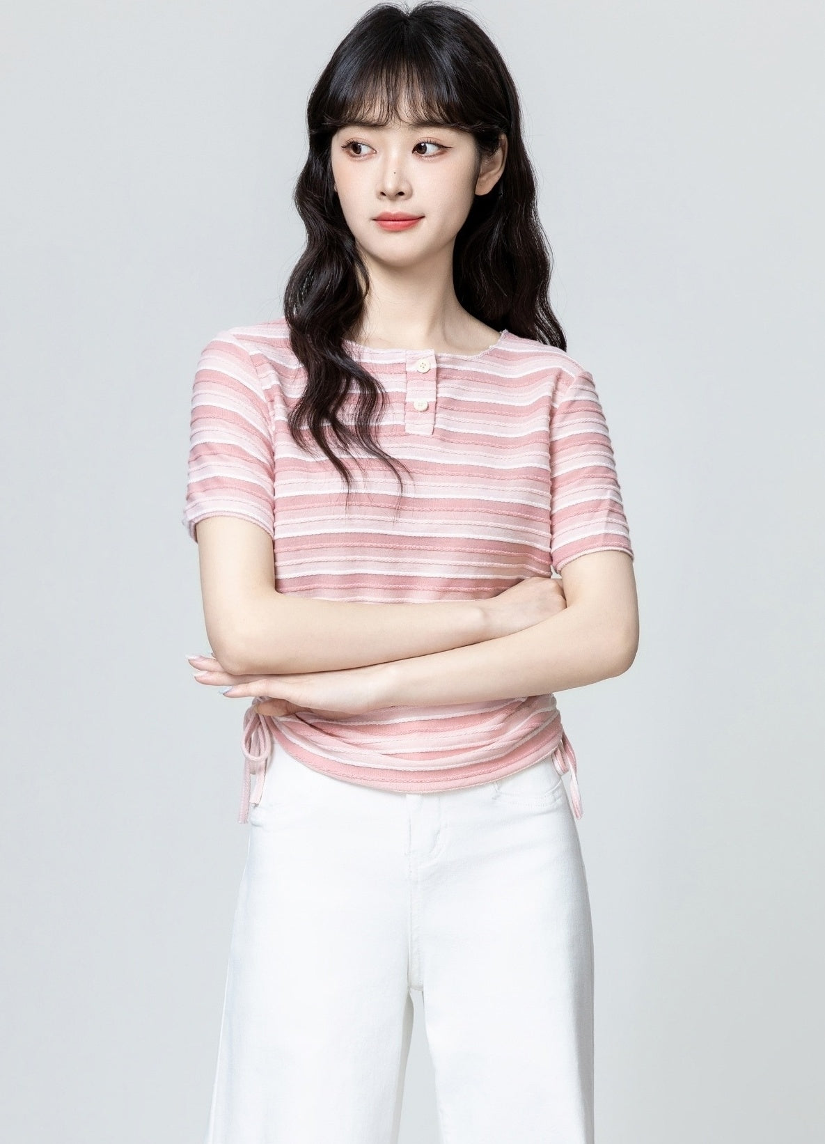 Pink Striped Ruched Short Sleeve Top