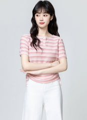 Pink Striped Ruched Short Sleeve Top