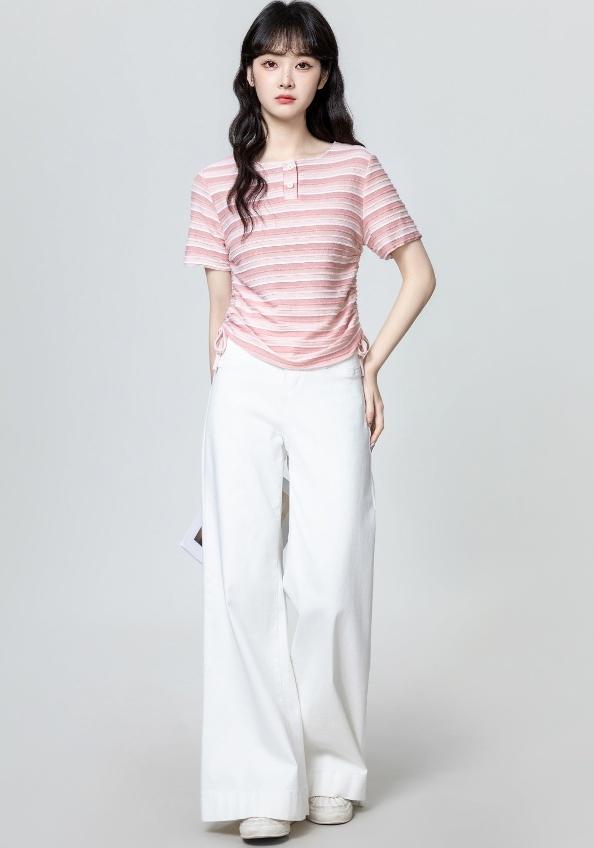 Pink Striped Ruched Short Sleeve Top