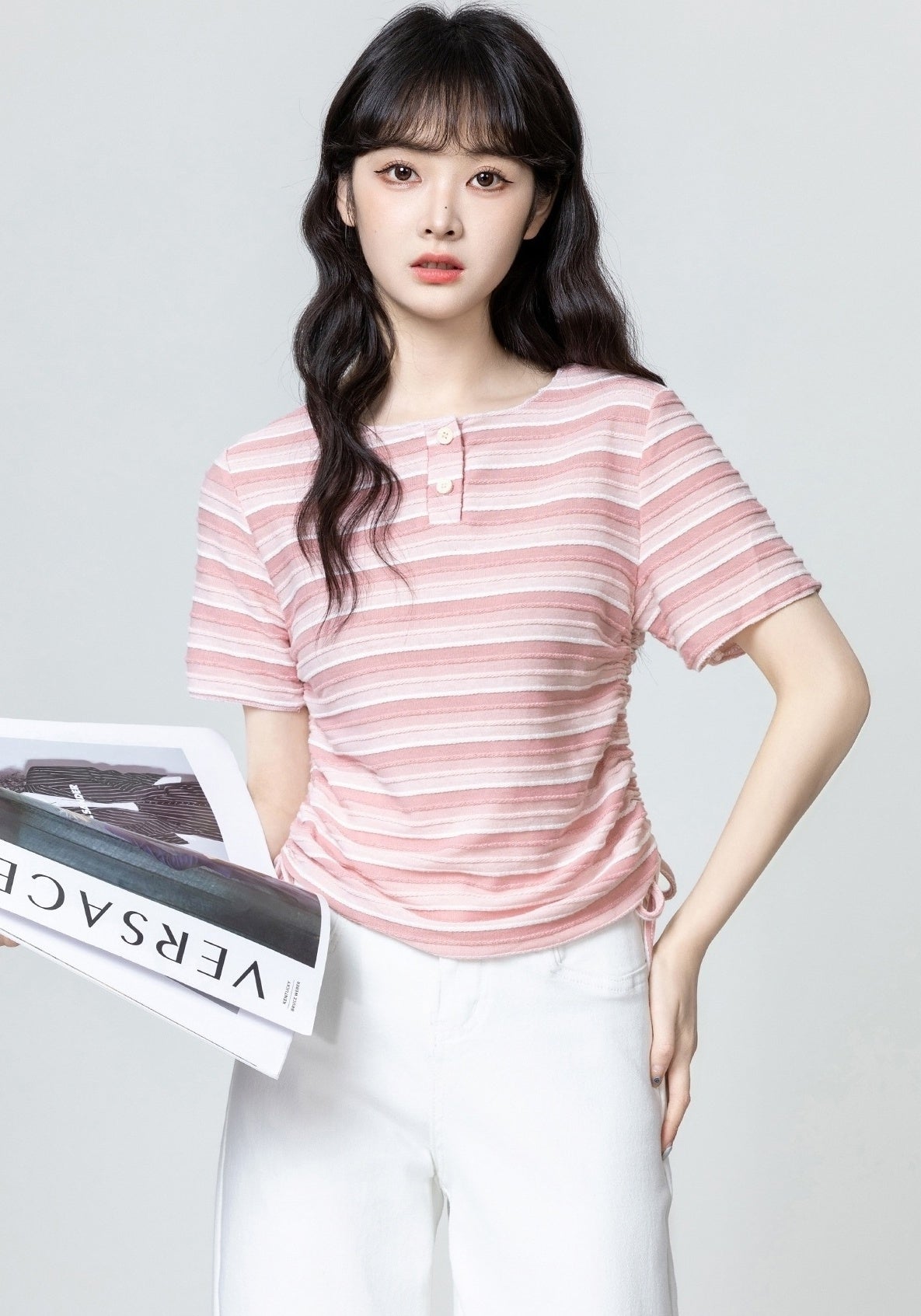 Pink Striped Ruched Short Sleeve Top