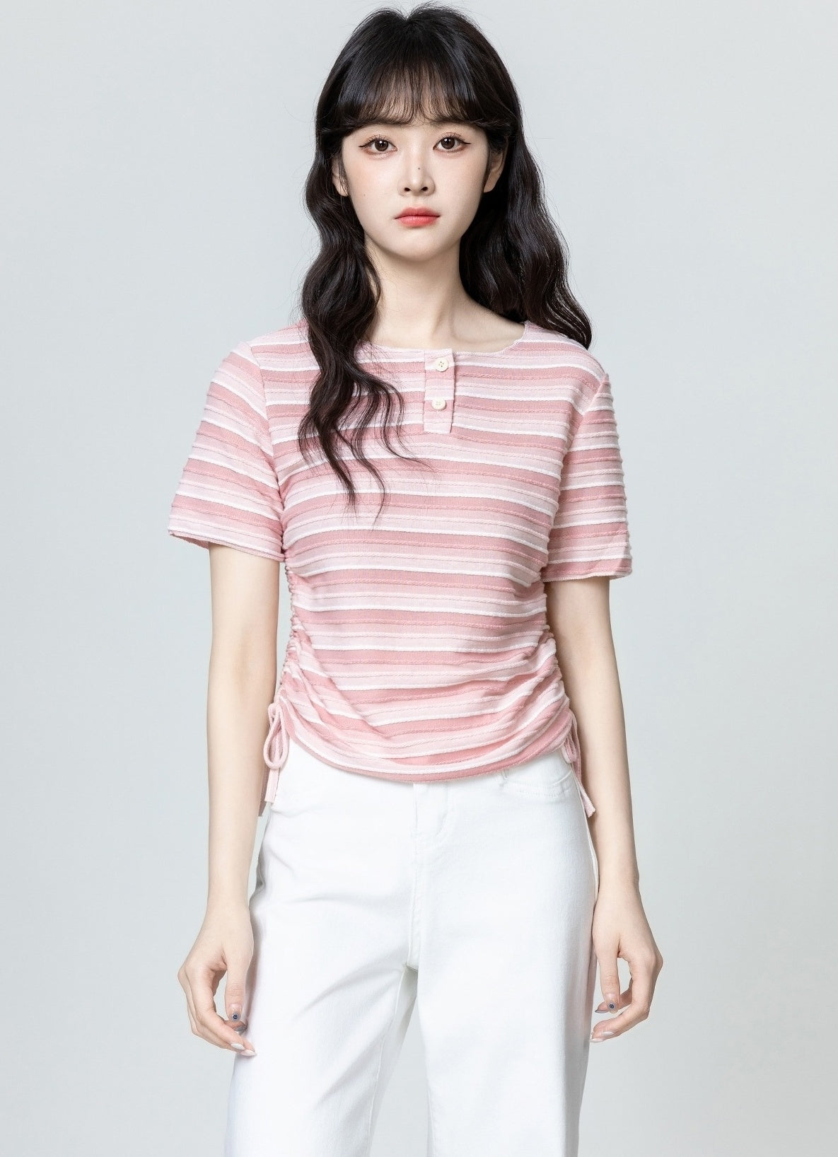 Pink Striped Ruched Short Sleeve Top