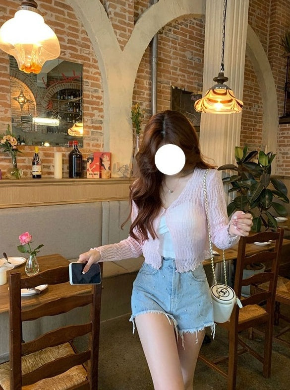 Pink Textured See-Through Cardigan