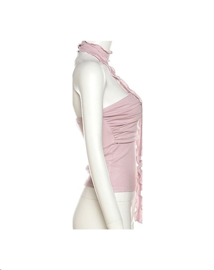 Pink Tube Top With Lettuce Edge Scarf Detail