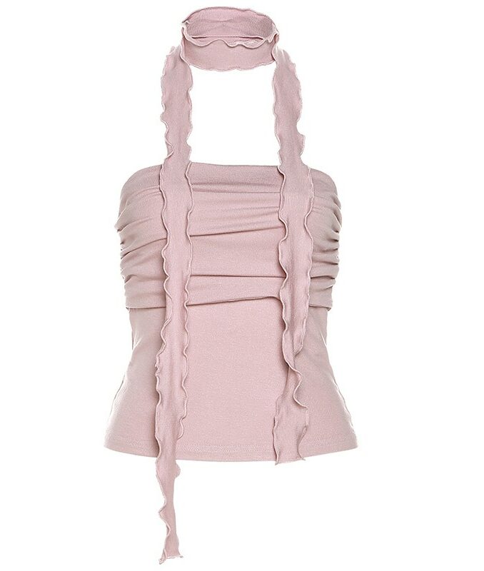 Pink Tube Top With Lettuce Edge Scarf Detail