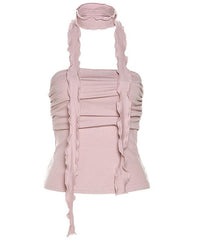 Pink Tube Top With Lettuce Edge Scarf Detail