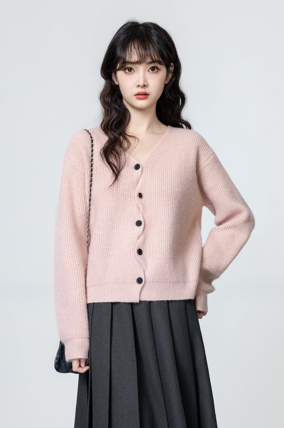 Pink Vneck Asymmetrical Knit Cardigan