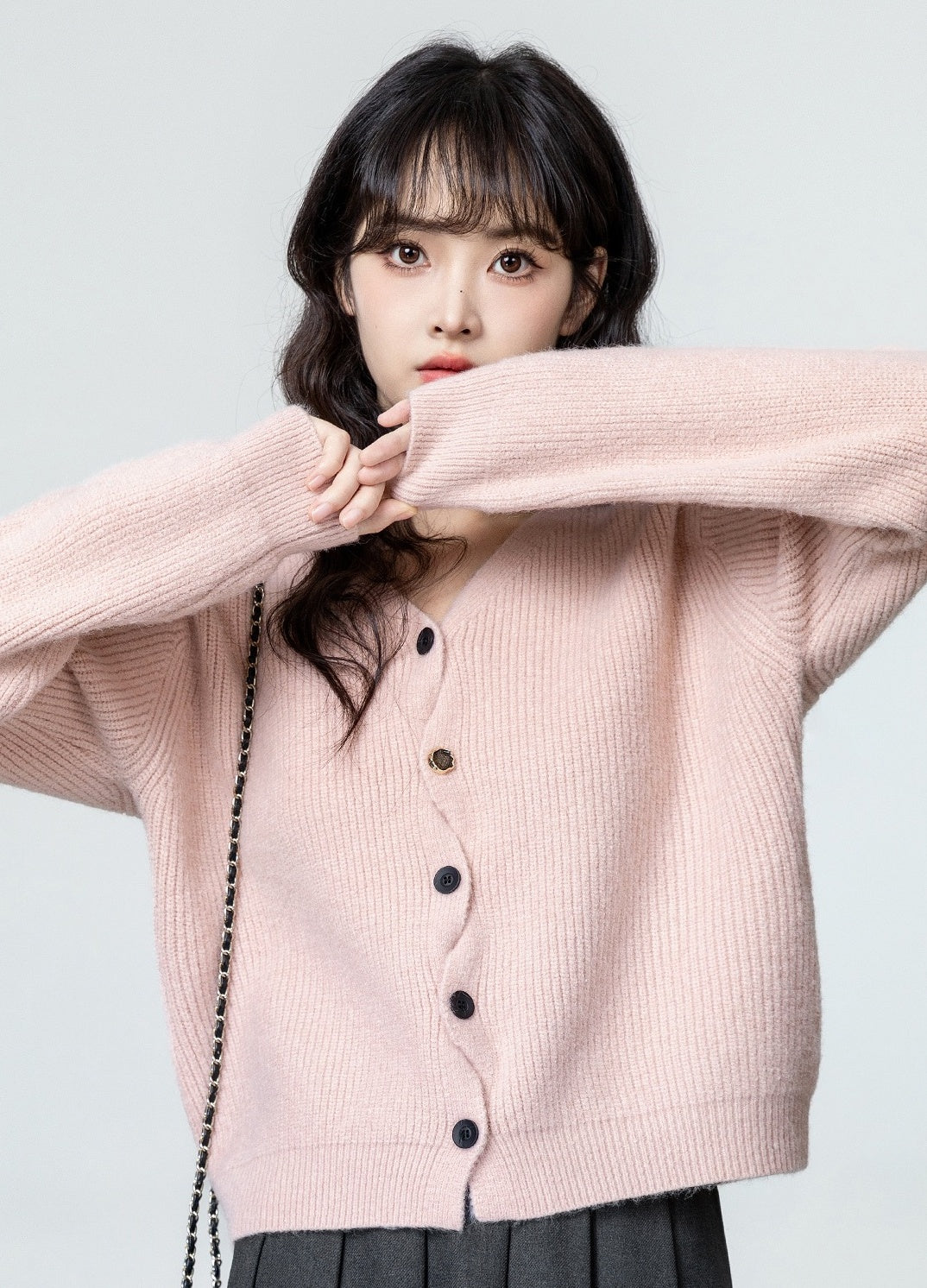 Pink Vneck Asymmetrical Knit Cardigan