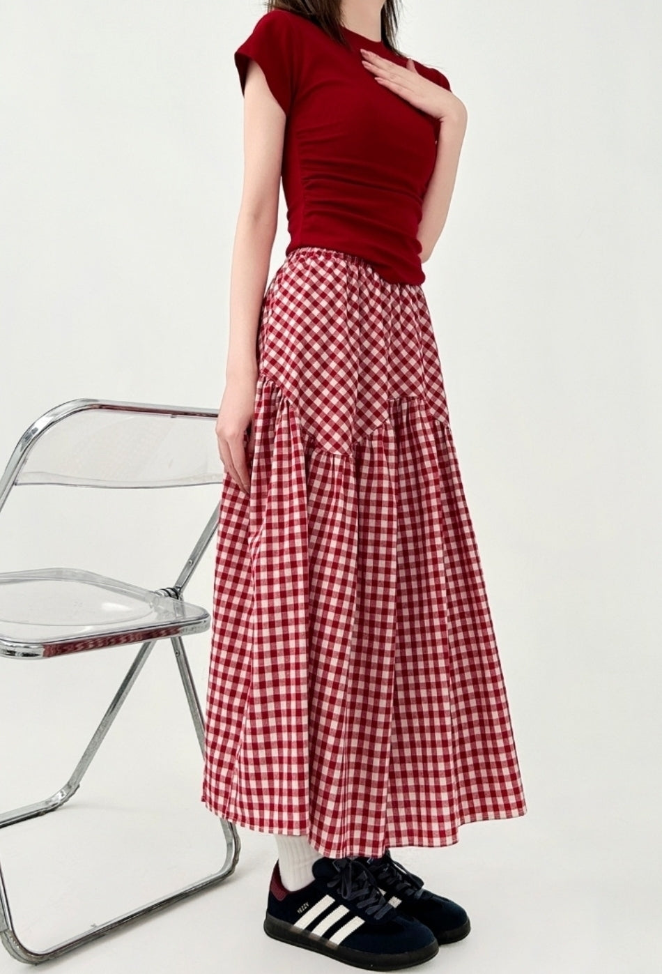 Plaid A Line Midi Skirt Flowy Casual Style