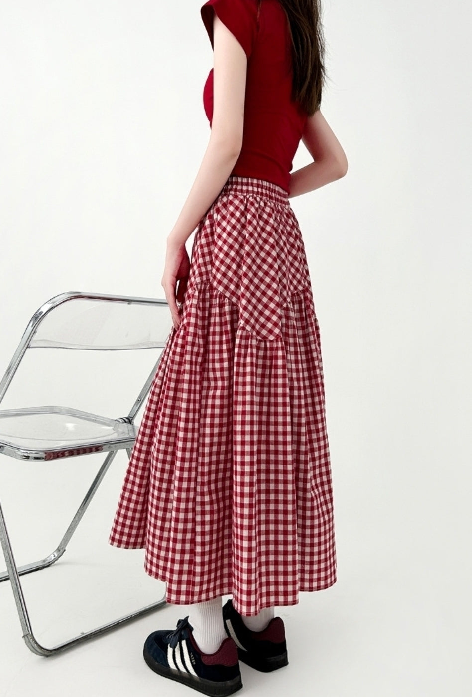 Plaid A Line Midi Skirt Flowy Casual Style