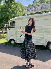 Plaid Asymmetrical Skirt And Casual Top Set
