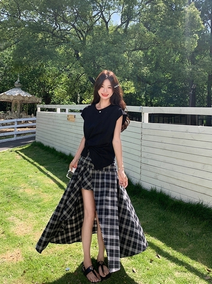 Plaid Asymmetrical Skirt And Casual Top Set