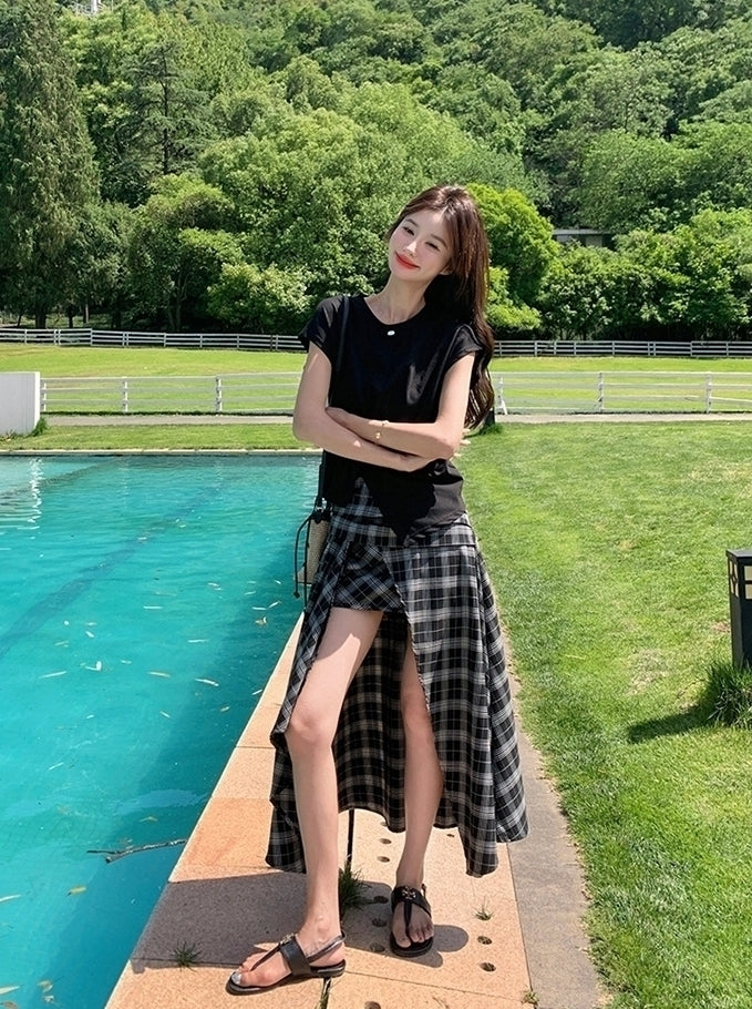 Plaid Asymmetrical Skirt And Casual Top Set