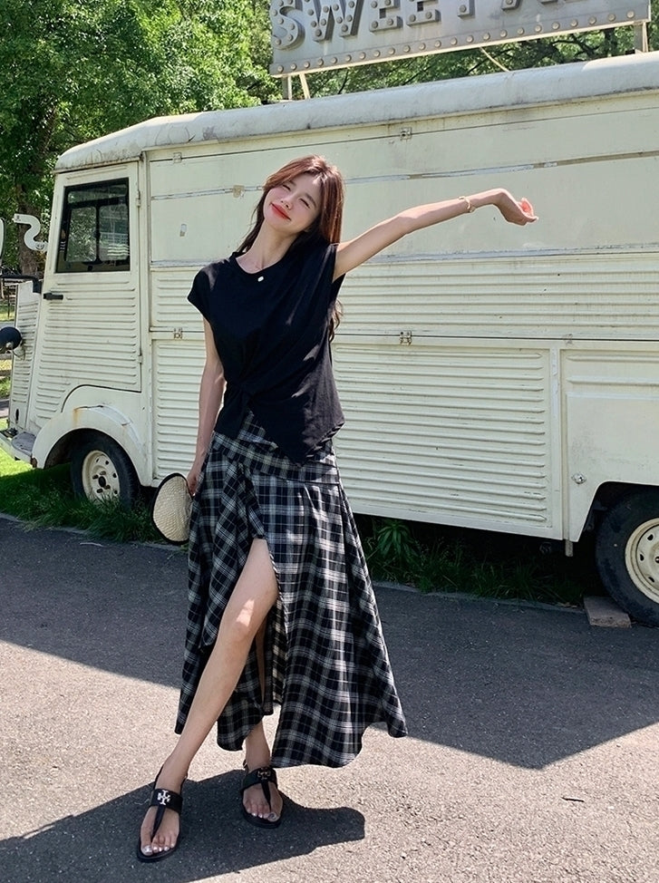 Plaid Asymmetrical Skirt And Casual Top Set