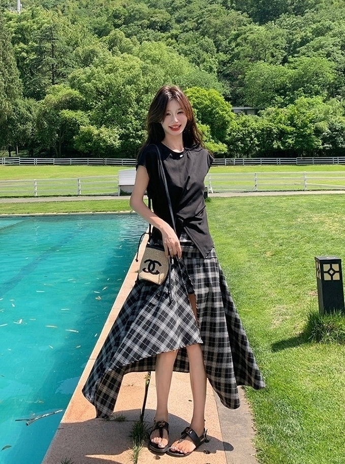 Plaid Asymmetrical Skirt And Casual Top Set
