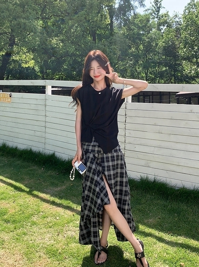 Plaid Asymmetrical Skirt And Casual Top Set