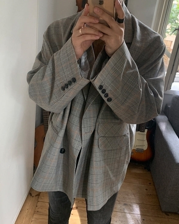 Plaid Casual Blazer Korean Style Loose Fit