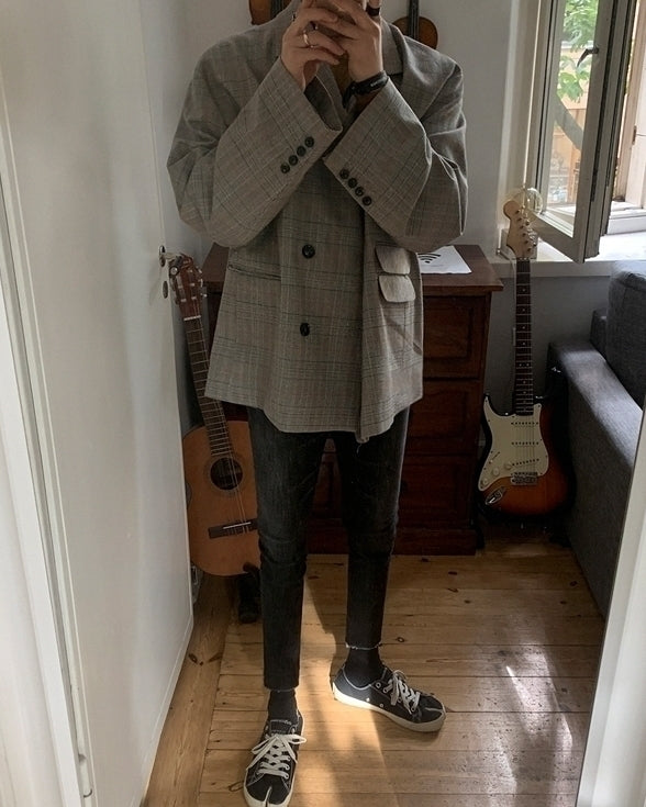 Plaid Casual Blazer Korean Style Loose Fit