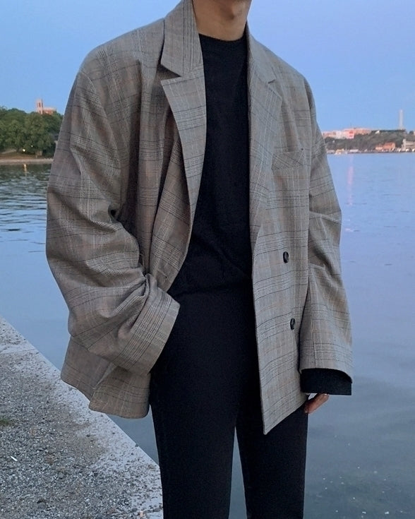 Plaid Casual Blazer Korean Style Loose Fit