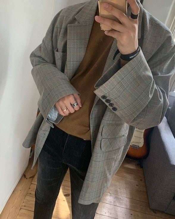 Plaid Casual Blazer Korean Style Loose Fit