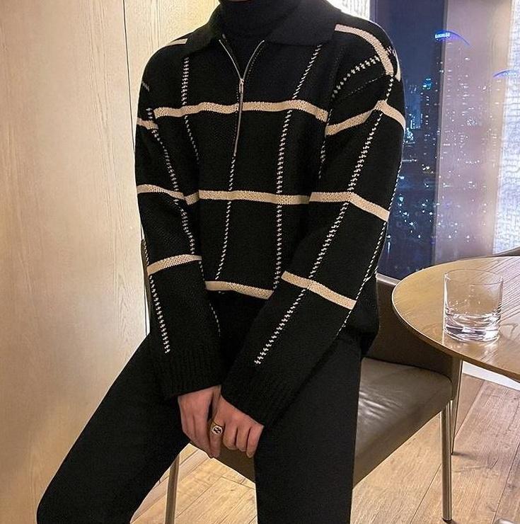 Plaid Collar Knit Pullover Sweater