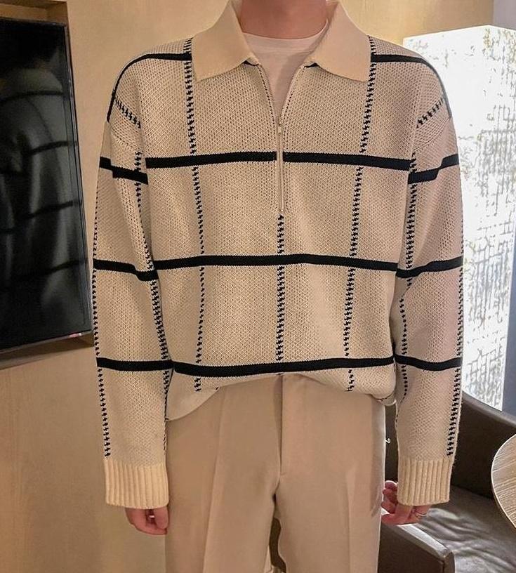 Plaid Collar Knit Pullover Sweater