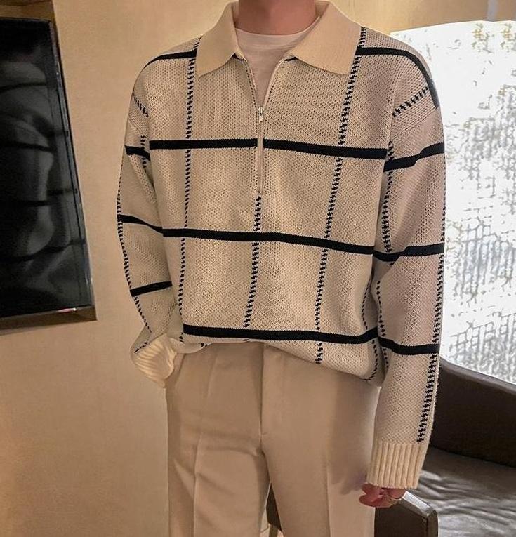 Plaid Collar Knit Pullover Sweater