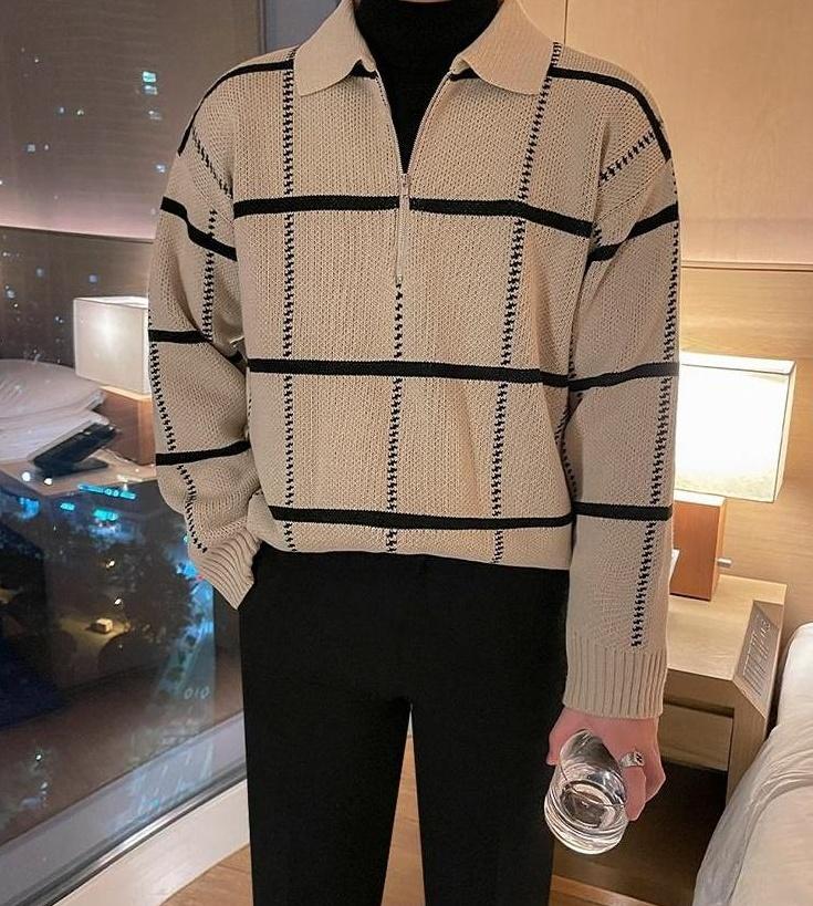 Plaid Collar Knit Pullover Sweater