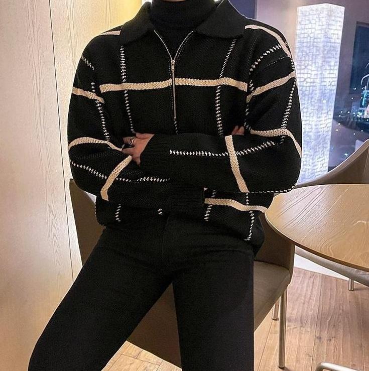 Plaid Collar Knit Pullover Sweater