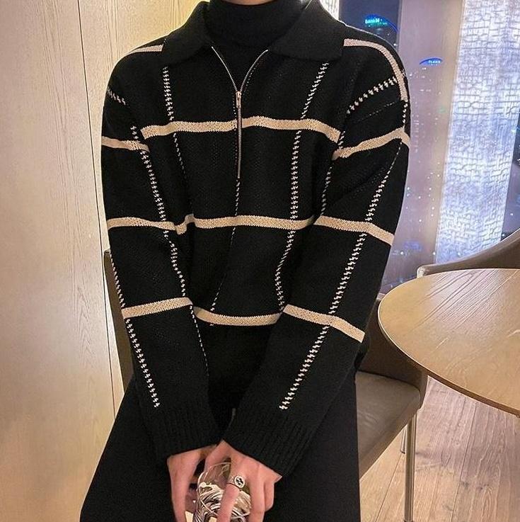 Plaid Collar Knit Pullover Sweater