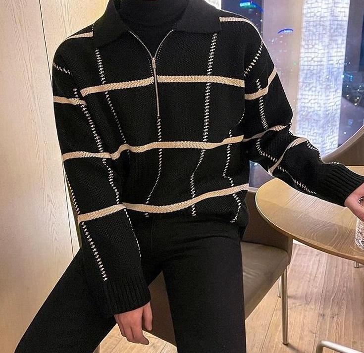 Plaid Collar Knit Pullover Sweater