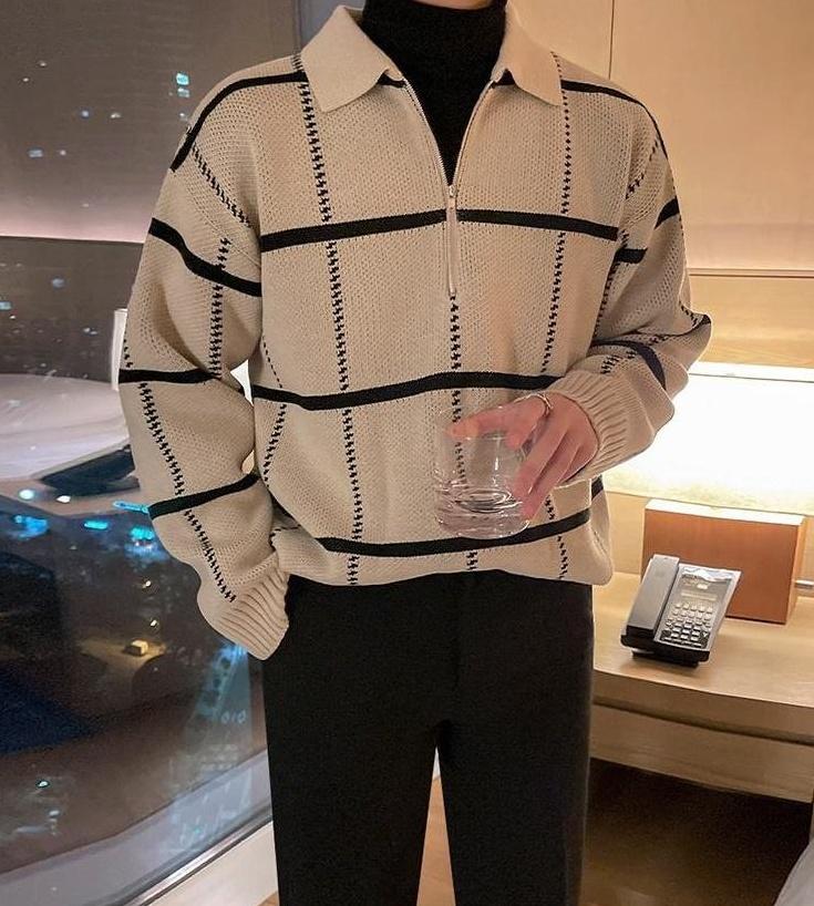 Plaid Collar Knit Pullover Sweater
