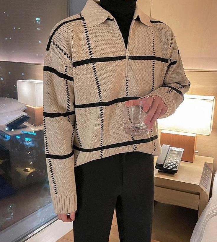 Plaid Collar Knit Pullover Sweater
