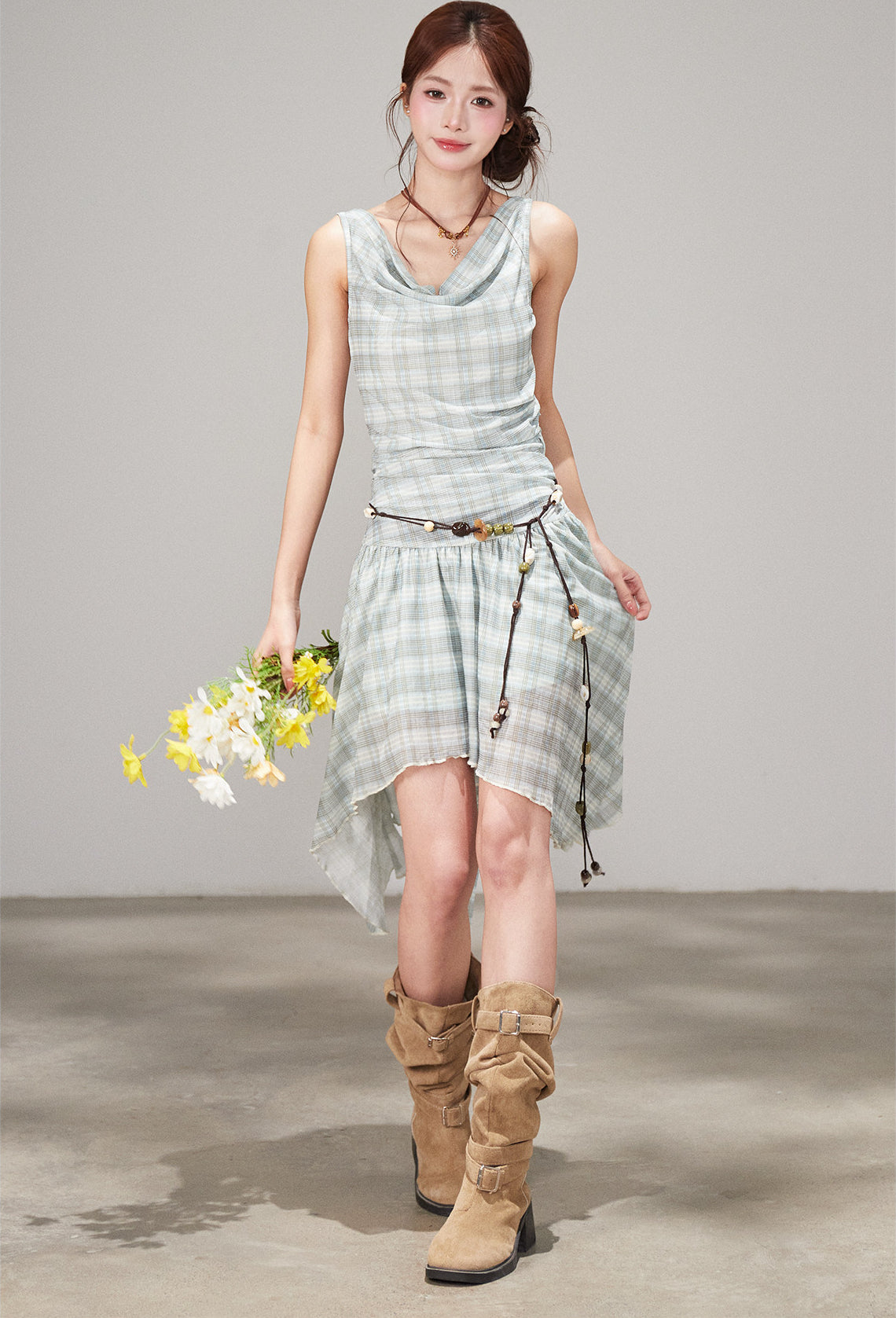 Plaid Draped Sleeveless Dress