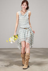 Plaid Draped Sleeveless Dress