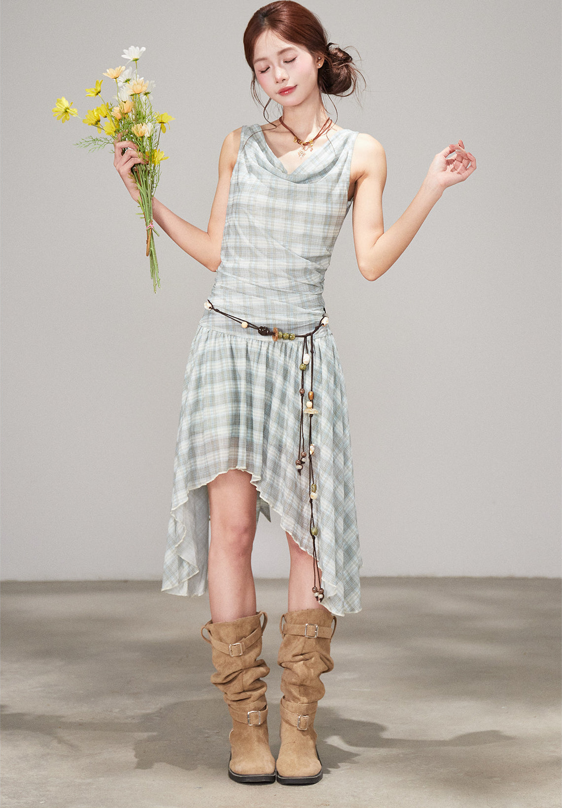 Plaid Draped Sleeveless Dress