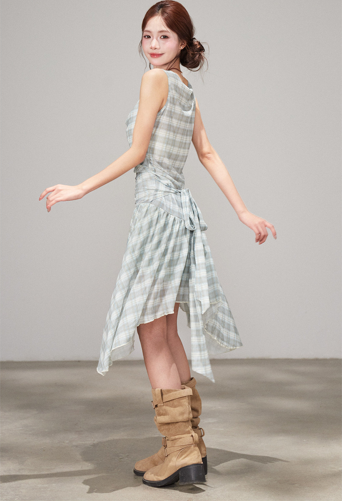 Plaid Draped Sleeveless Dress