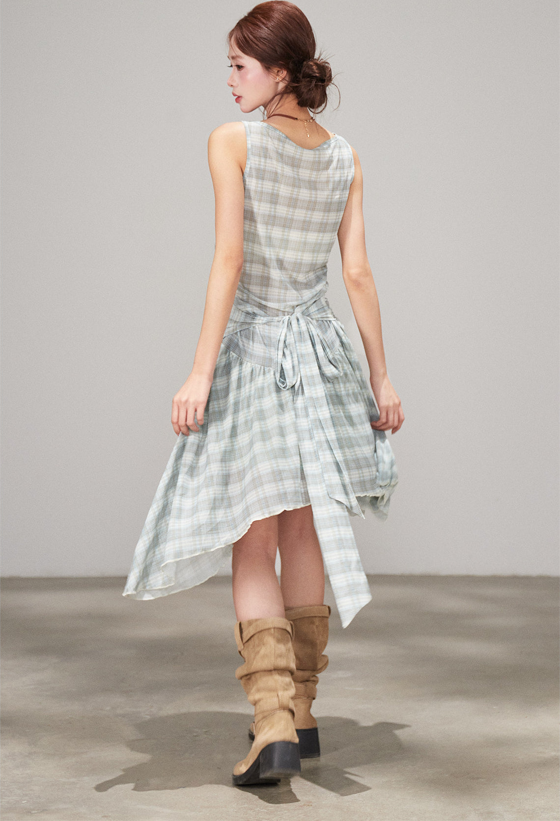 Plaid Draped Sleeveless Dress