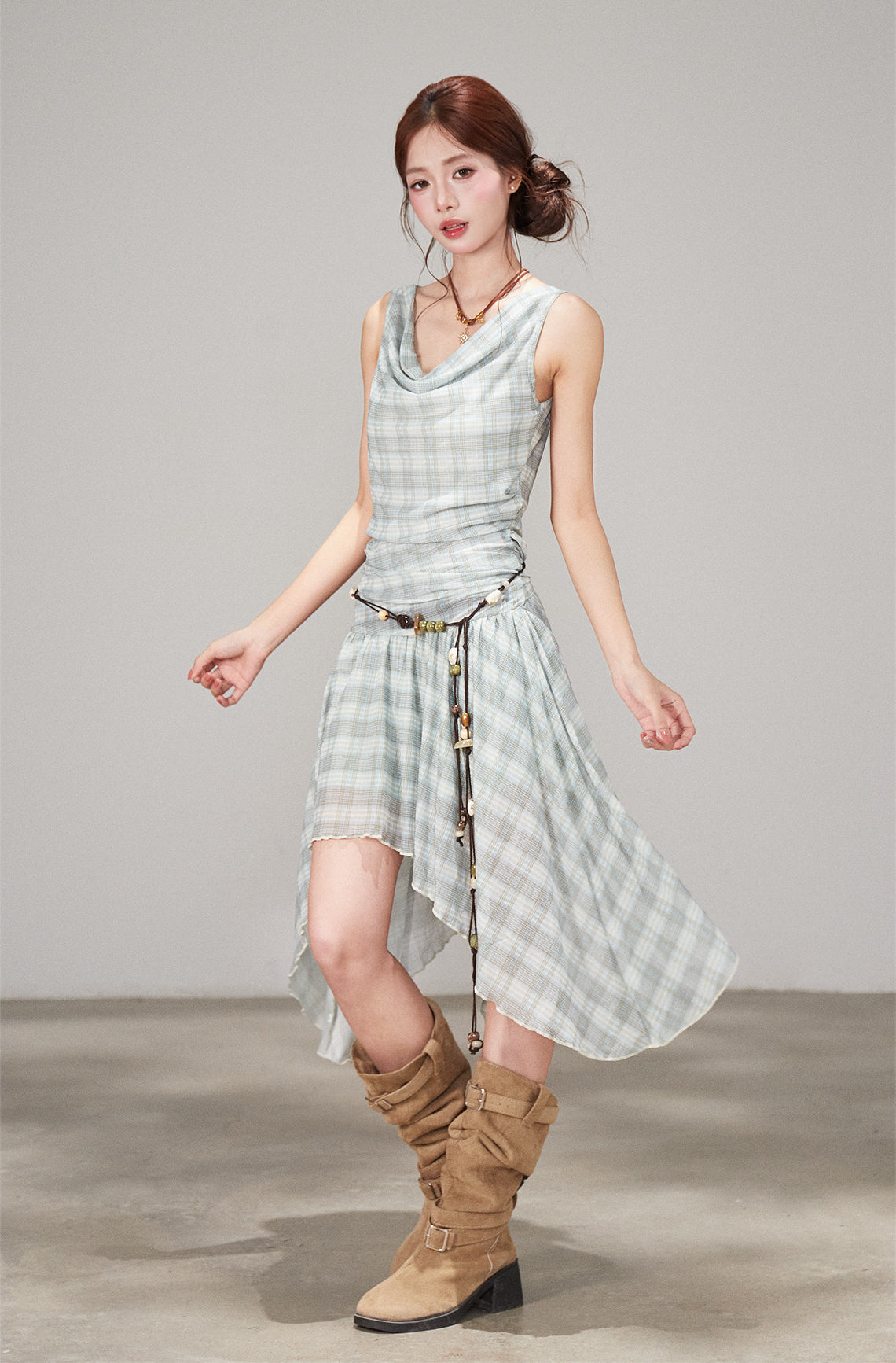 Plaid Draped Sleeveless Dress