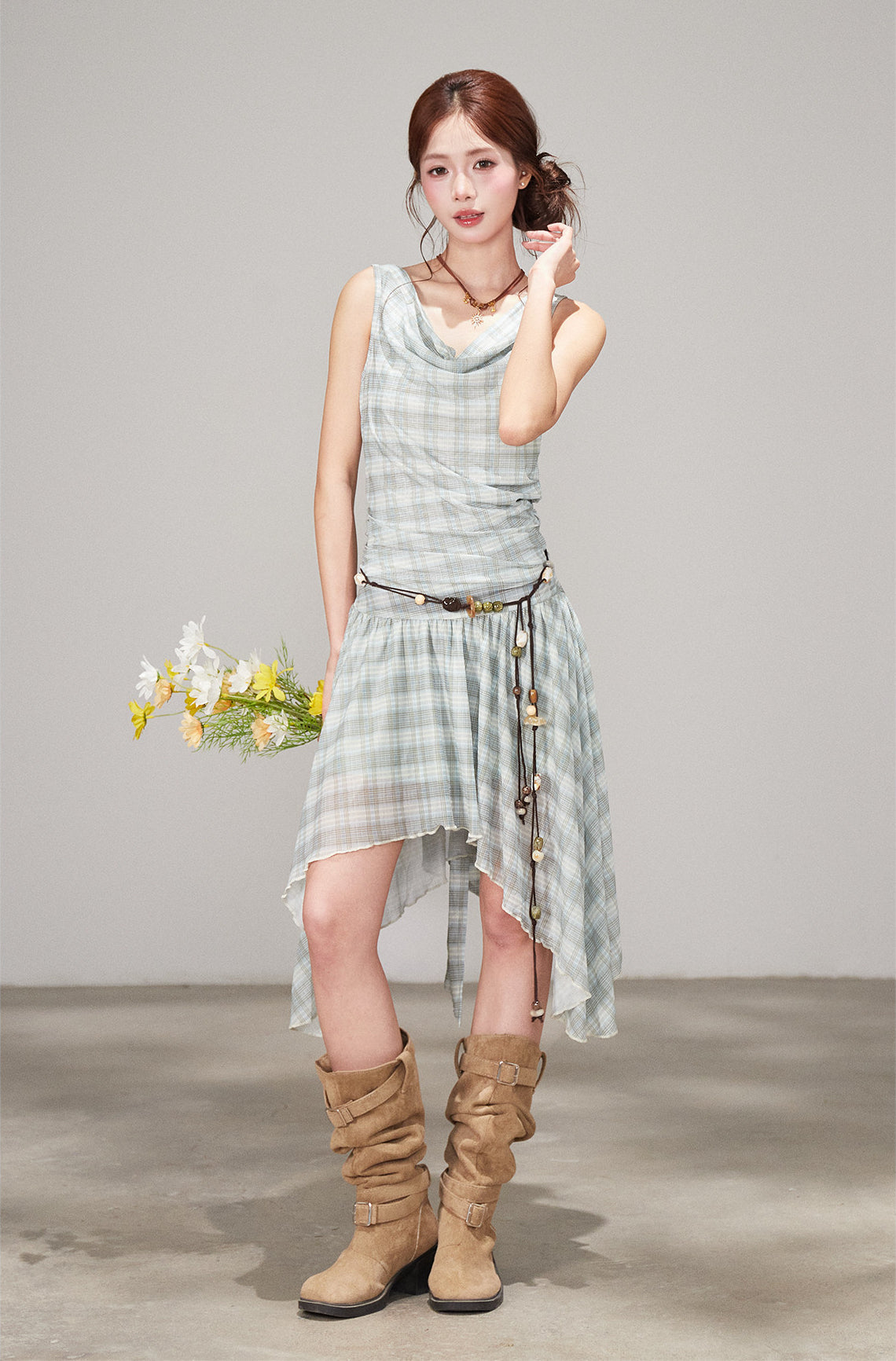 Plaid Draped Sleeveless Dress