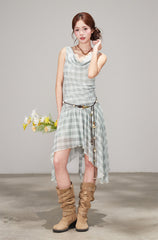 Plaid Draped Sleeveless Dress