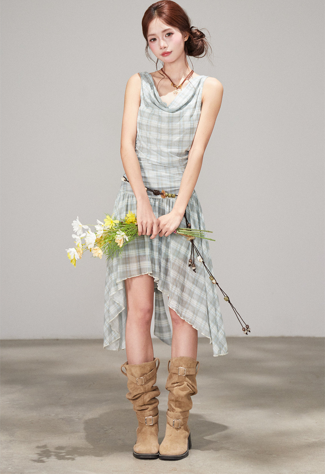 Plaid Draped Sleeveless Dress