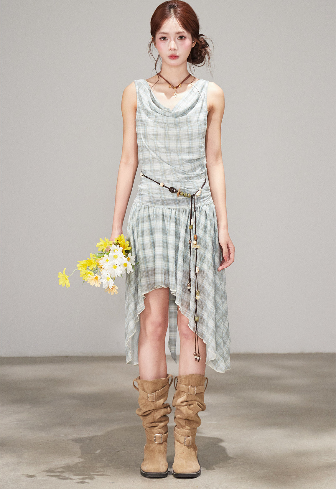 Plaid Draped Sleeveless Dress