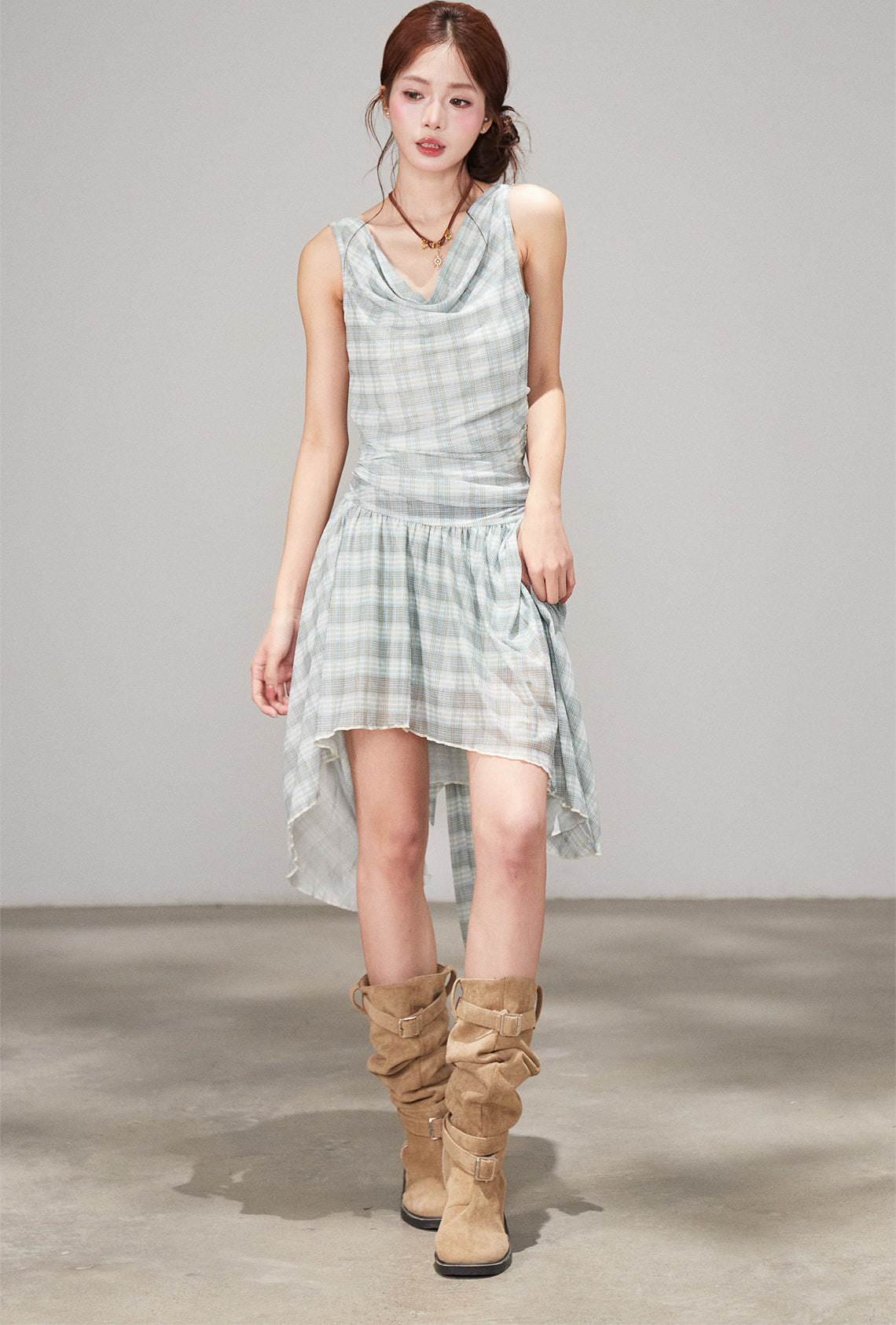 Plaid Draped Sleeveless Dress