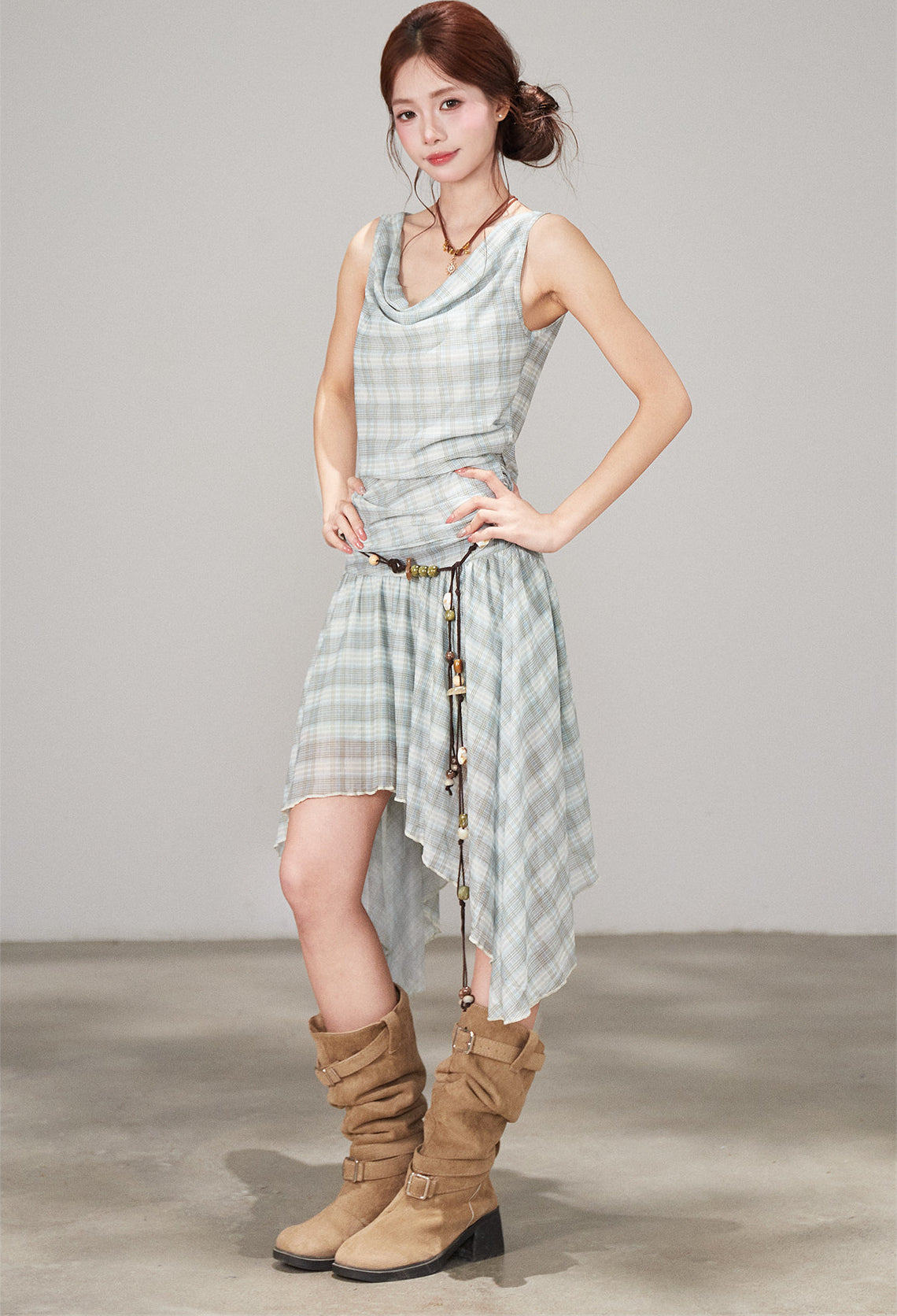 Plaid Draped Sleeveless Dress