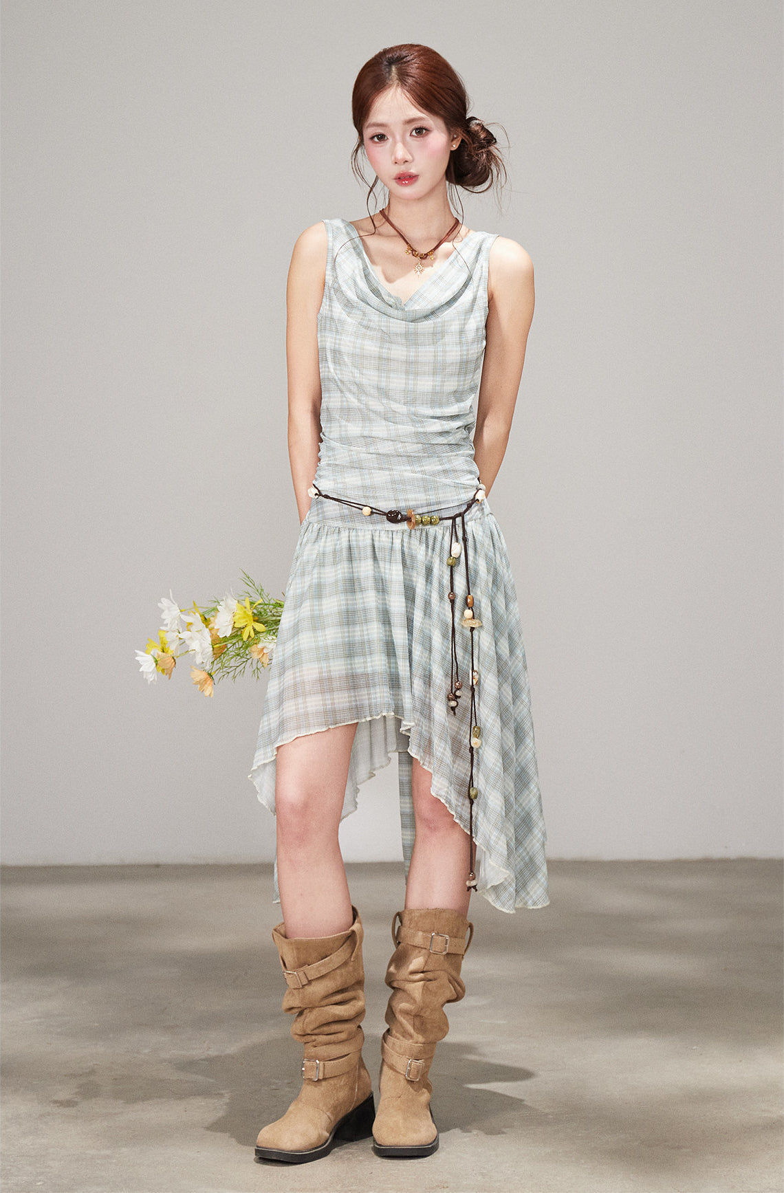 Plaid Draped Sleeveless Dress