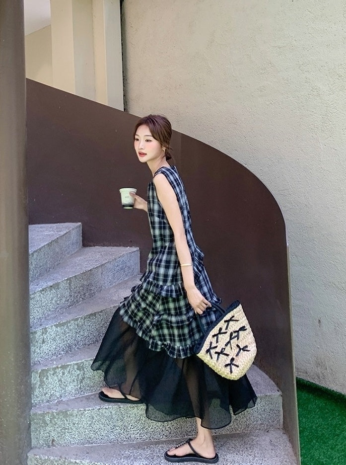 Plaid French Style Mesh Ruffle Trim Dress