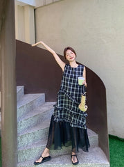 Plaid French Style Mesh Ruffle Trim Dress